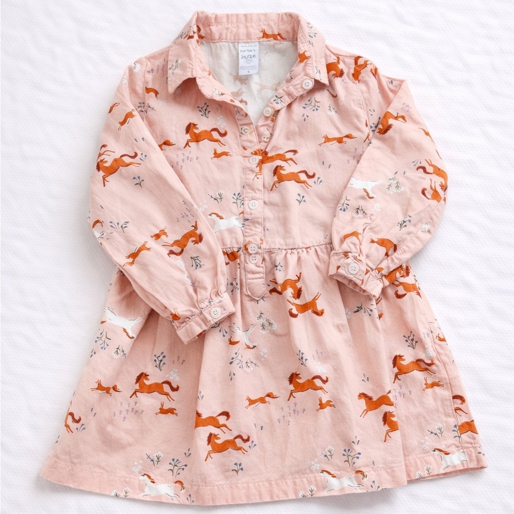 Carter’s Horse Print Dress 5T Girls Pink Long Sleeve Cottage Western Dress